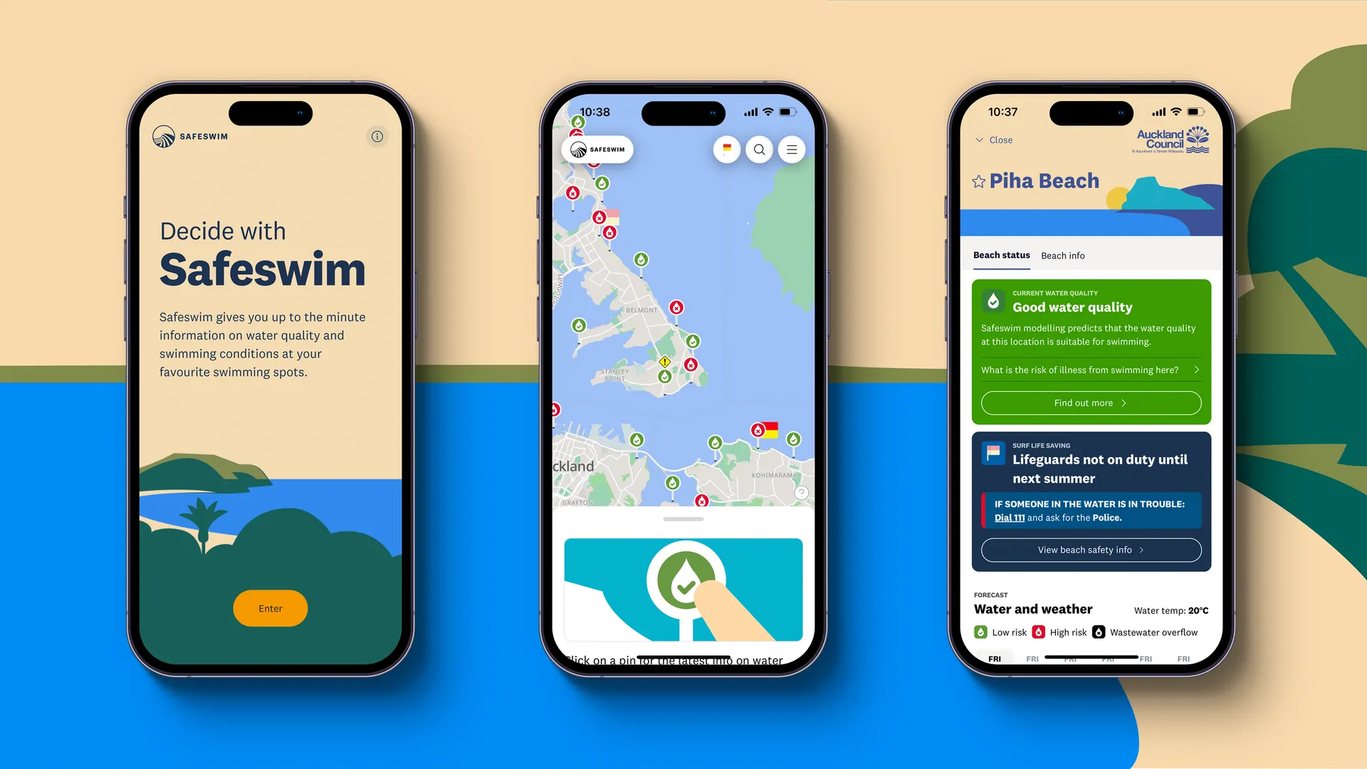 Screenshots of the Safeswim app